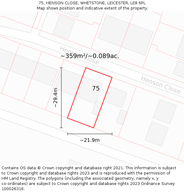 75, HENSON CLOSE, WHETSTONE, LEICESTER, LE8 6PL: Plot and title map