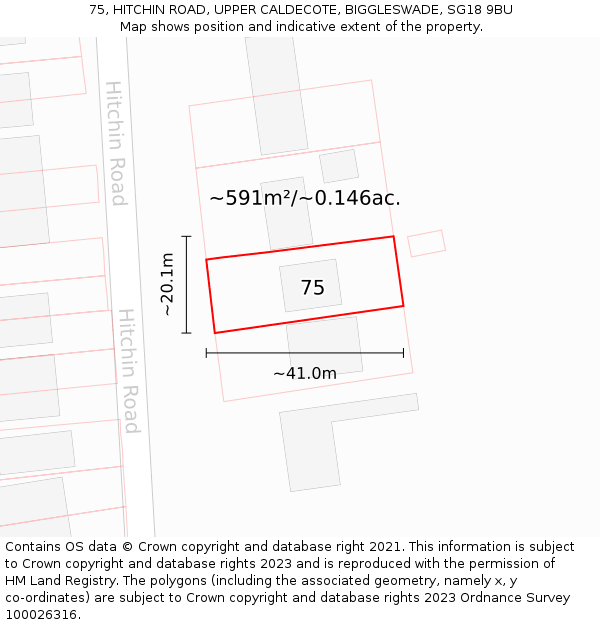 75, HITCHIN ROAD, UPPER CALDECOTE, BIGGLESWADE, SG18 9BU: Plot and title map