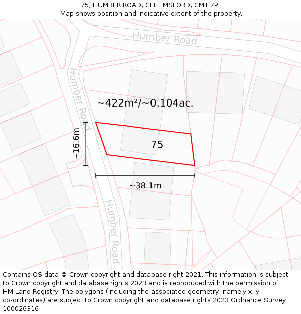 75, HUMBER ROAD, CHELMSFORD, CM1 7PF: Plot and title map