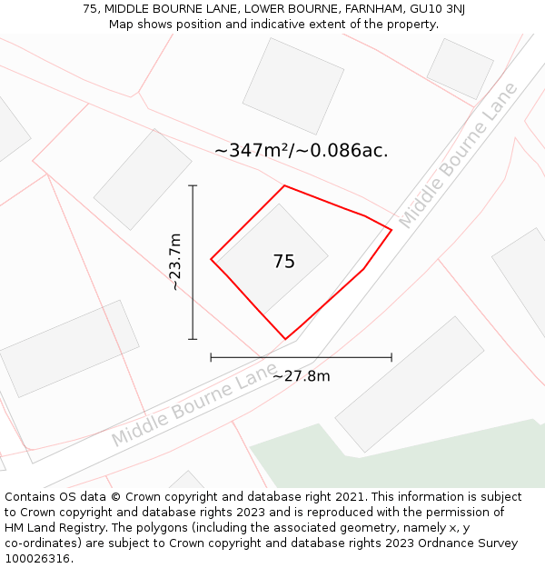 75, MIDDLE BOURNE LANE, LOWER BOURNE, FARNHAM, GU10 3NJ: Plot and title map