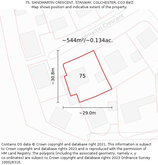 75, SANDMARTIN CRESCENT, STANWAY, COLCHESTER, CO3 8WZ: Plot and title map