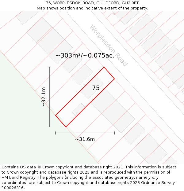 75, WORPLESDON ROAD, GUILDFORD, GU2 9RT: Plot and title map