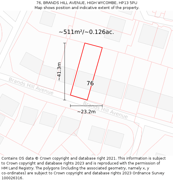 76, BRANDS HILL AVENUE, HIGH WYCOMBE, HP13 5PU: Plot and title map