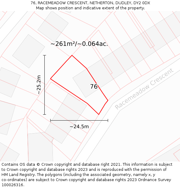 76, RACEMEADOW CRESCENT, NETHERTON, DUDLEY, DY2 0DX: Plot and title map