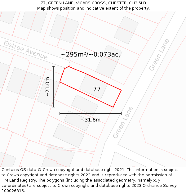 77, GREEN LANE, VICARS CROSS, CHESTER, CH3 5LB: Plot and title map