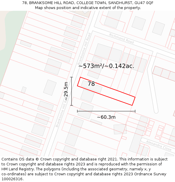 78, BRANKSOME HILL ROAD, COLLEGE TOWN, SANDHURST, GU47 0QF: Plot and title map