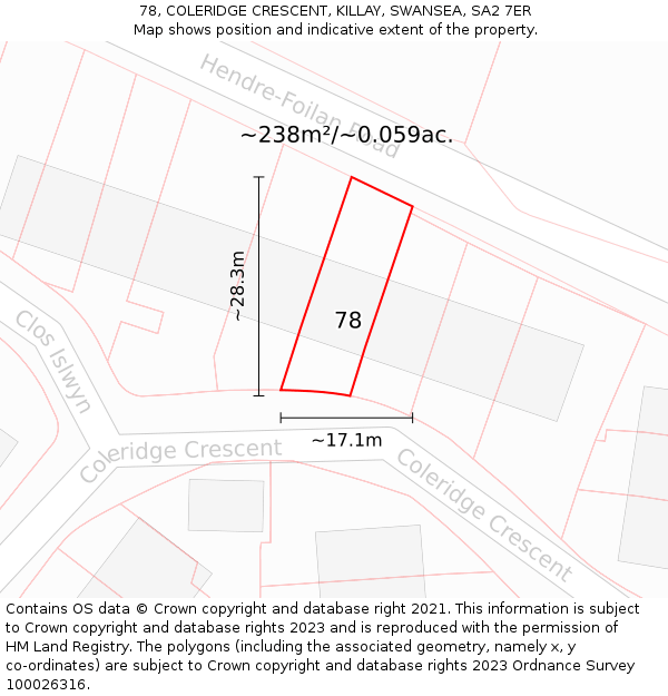 78, COLERIDGE CRESCENT, KILLAY, SWANSEA, SA2 7ER: Plot and title map