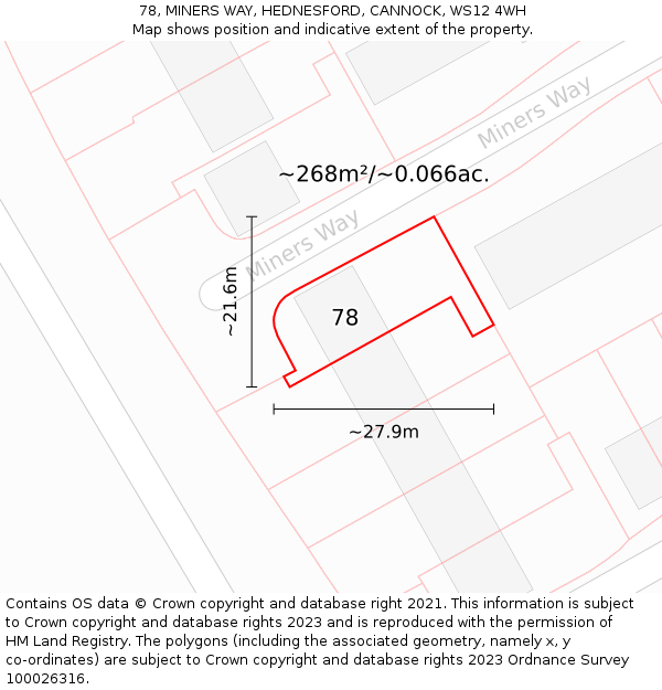 78, MINERS WAY, HEDNESFORD, CANNOCK, WS12 4WH: Plot and title map