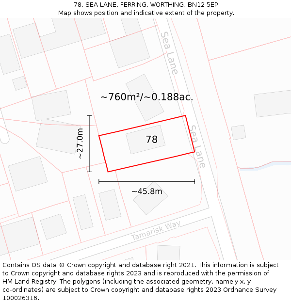 78, SEA LANE, FERRING, WORTHING, BN12 5EP: Plot and title map