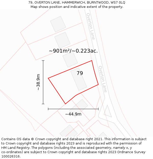 79, OVERTON LANE, HAMMERWICH, BURNTWOOD, WS7 0LQ: Plot and title map