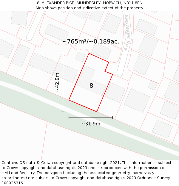 8, ALEXANDER RISE, MUNDESLEY, NORWICH, NR11 8EN: Plot and title map