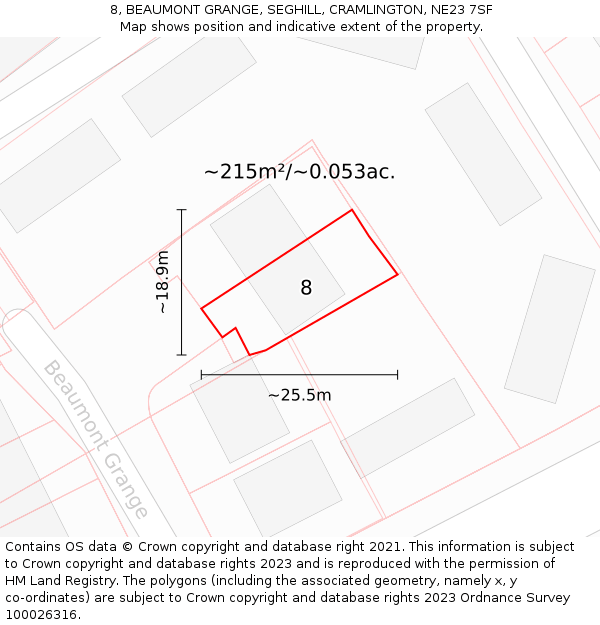 8, BEAUMONT GRANGE, SEGHILL, CRAMLINGTON, NE23 7SF: Plot and title map