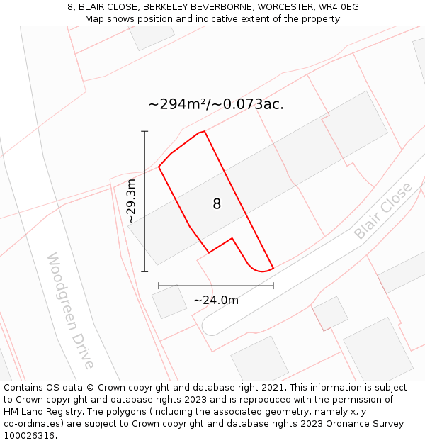 8, BLAIR CLOSE, BERKELEY BEVERBORNE, WORCESTER, WR4 0EG: Plot and title map