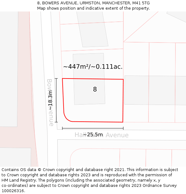 8, BOWERS AVENUE, URMSTON, MANCHESTER, M41 5TG: Plot and title map