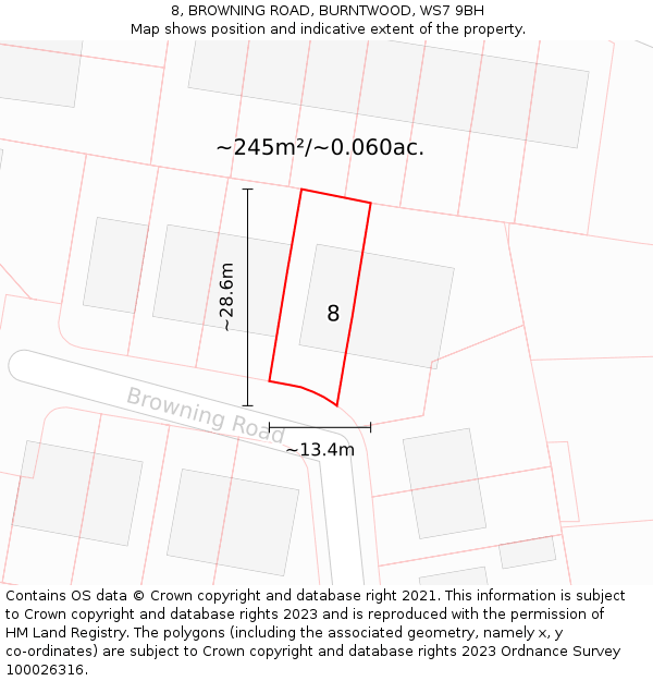 8, BROWNING ROAD, BURNTWOOD, WS7 9BH: Plot and title map