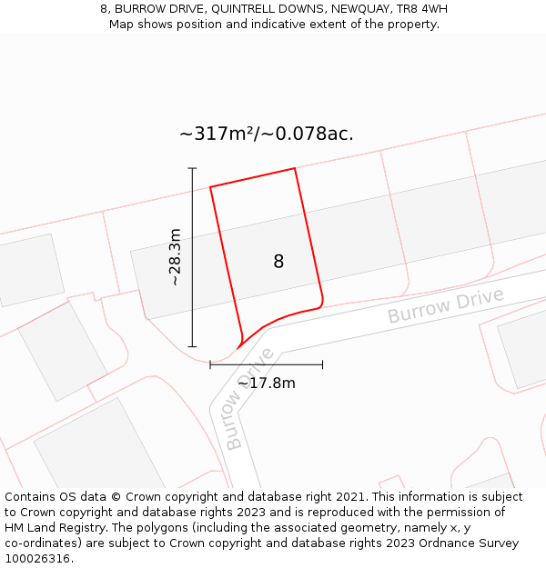 8, BURROW DRIVE, QUINTRELL DOWNS, NEWQUAY, TR8 4WH: Plot and title map