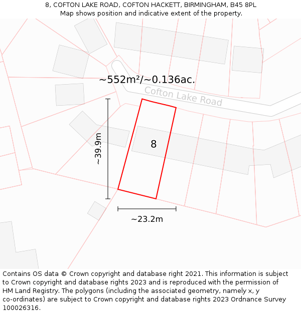 8, COFTON LAKE ROAD, COFTON HACKETT, BIRMINGHAM, B45 8PL: Plot and title map