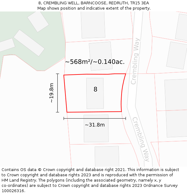 8, CREMBLING WELL, BARNCOOSE, REDRUTH, TR15 3EA: Plot and title map