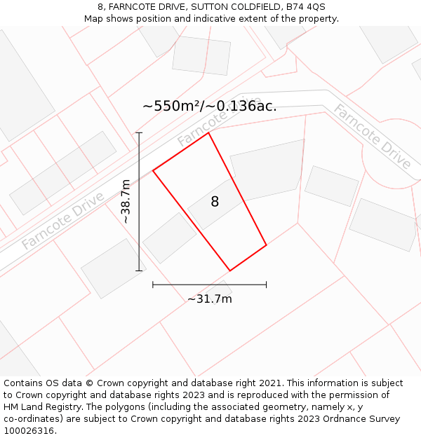 8, FARNCOTE DRIVE, SUTTON COLDFIELD, B74 4QS: Plot and title map