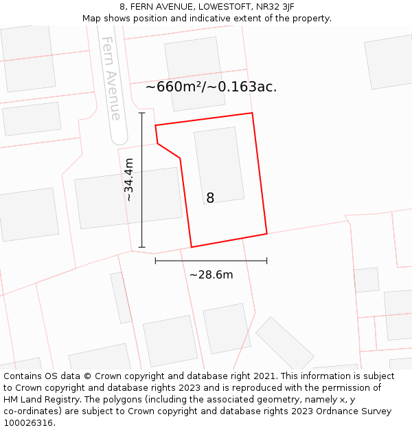 8, FERN AVENUE, LOWESTOFT, NR32 3JF: Plot and title map