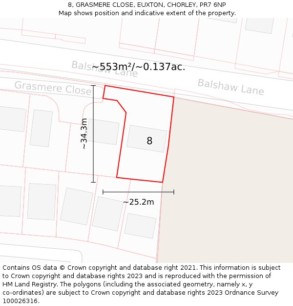 8, GRASMERE CLOSE, EUXTON, CHORLEY, PR7 6NP: Plot and title map