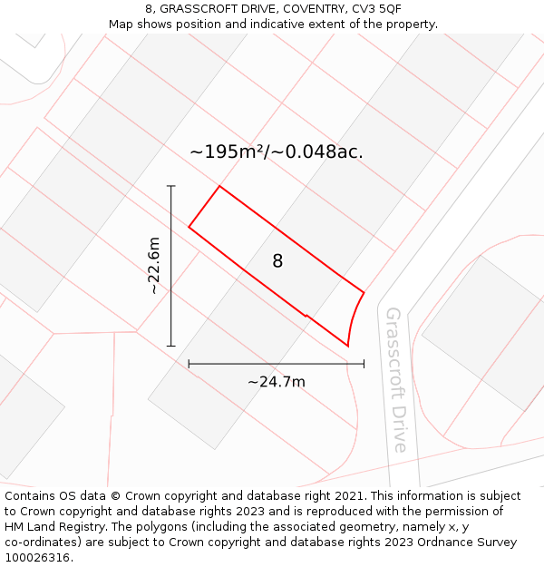 8, GRASSCROFT DRIVE, COVENTRY, CV3 5QF: Plot and title map