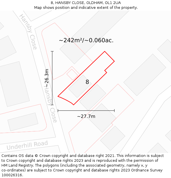 8, HANSBY CLOSE, OLDHAM, OL1 2UA: Plot and title map