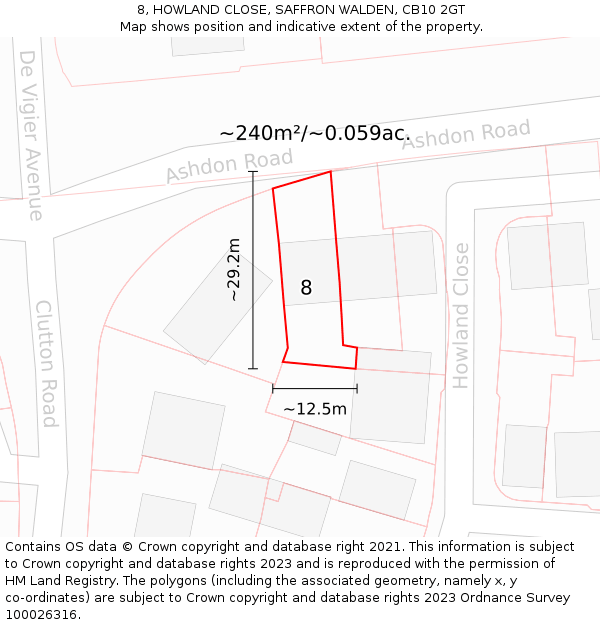 8, HOWLAND CLOSE, SAFFRON WALDEN, CB10 2GT: Plot and title map