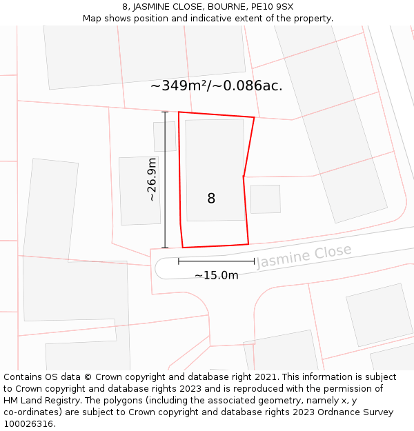 8, JASMINE CLOSE, BOURNE, PE10 9SX: Plot and title map