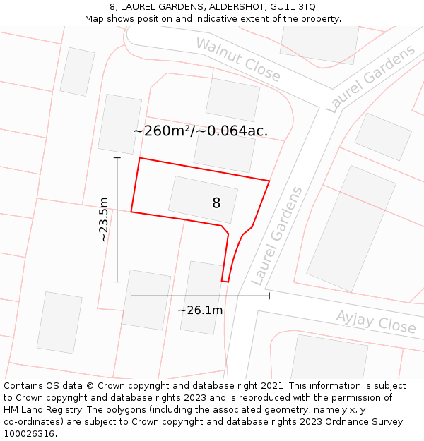 8, LAUREL GARDENS, ALDERSHOT, GU11 3TQ: Plot and title map