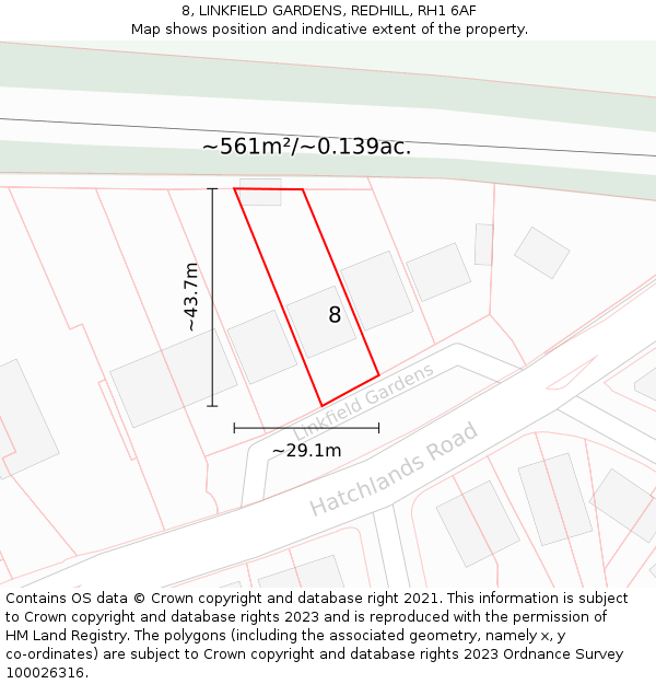 8, LINKFIELD GARDENS, REDHILL, RH1 6AF: Plot and title map