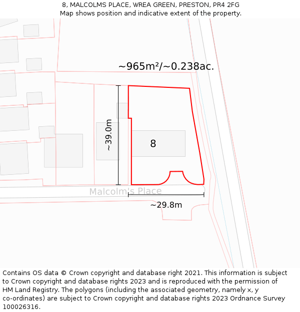 8, MALCOLMS PLACE, WREA GREEN, PRESTON, PR4 2FG: Plot and title map