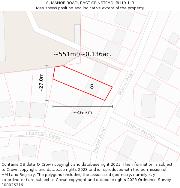 8, MANOR ROAD, EAST GRINSTEAD, RH19 1LR: Plot and title map