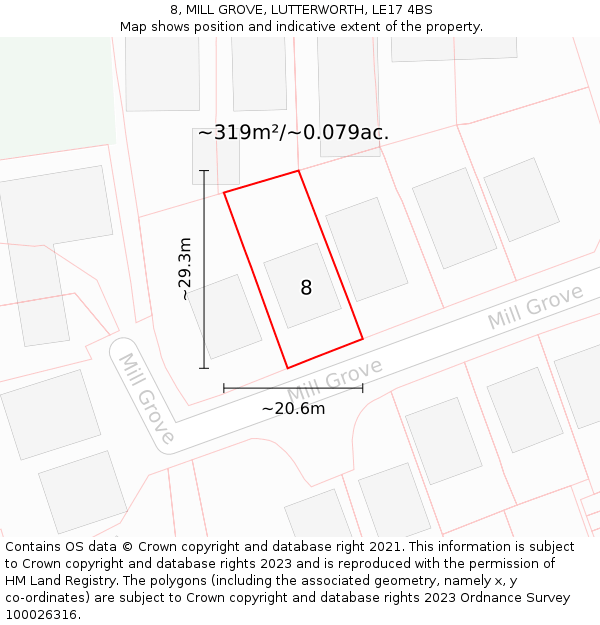 8, MILL GROVE, LUTTERWORTH, LE17 4BS: Plot and title map