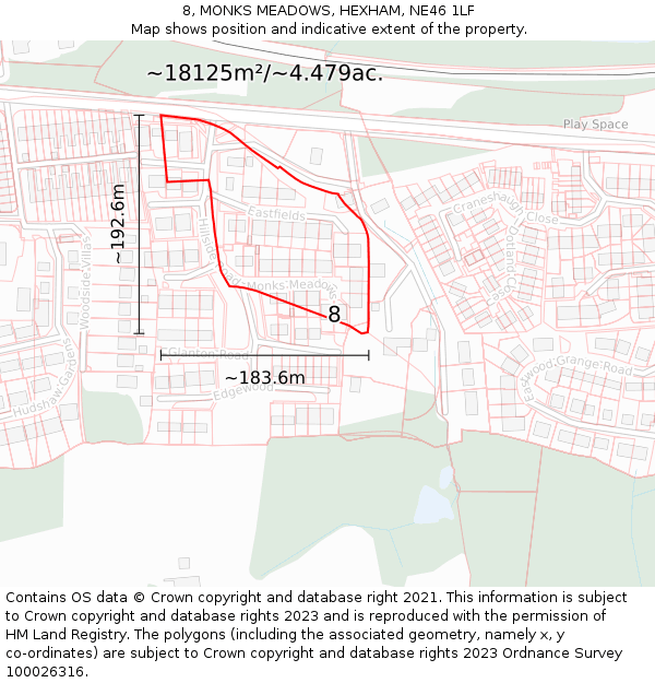 8, MONKS MEADOWS, HEXHAM, NE46 1LF: Plot and title map