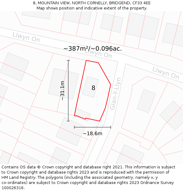 8, MOUNTAIN VIEW, NORTH CORNELLY, BRIDGEND, CF33 4EE: Plot and title map