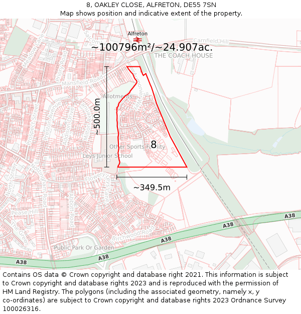 8, OAKLEY CLOSE, ALFRETON, DE55 7SN: Plot and title map