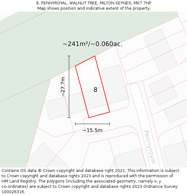 8, PENNYROYAL, WALNUT TREE, MILTON KEYNES, MK7 7NP: Plot and title map