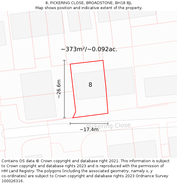 8, PICKERING CLOSE, BROADSTONE, BH18 8JL: Plot and title map