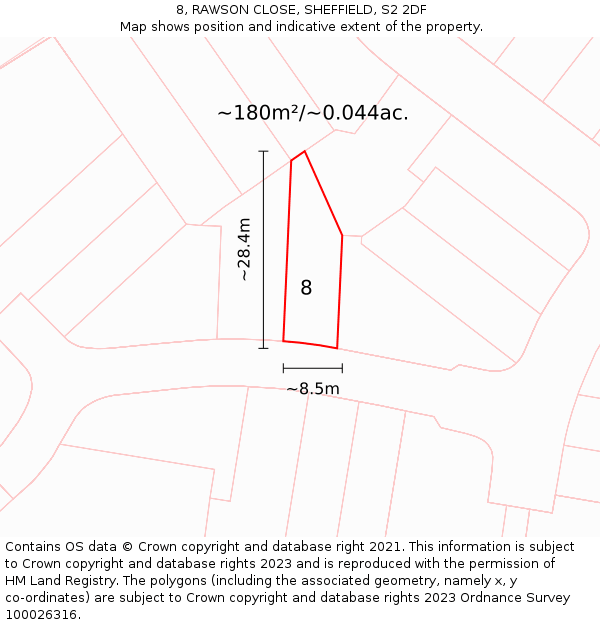 8, RAWSON CLOSE, SHEFFIELD, S2 2DF: Plot and title map