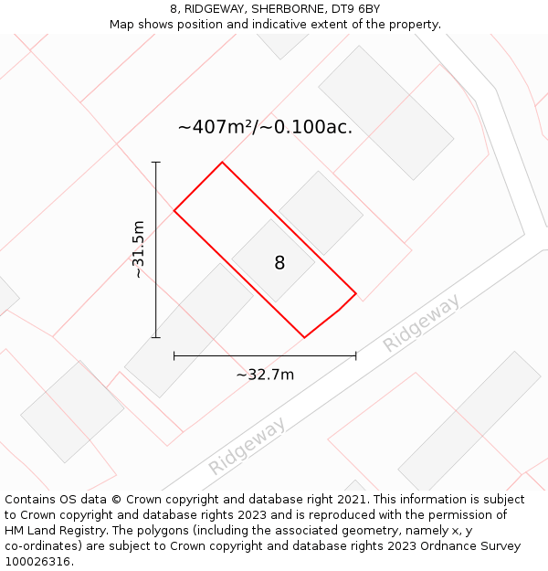 8, RIDGEWAY, SHERBORNE, DT9 6BY: Plot and title map