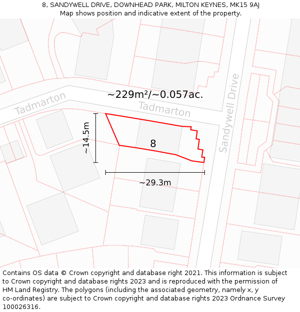 8, SANDYWELL DRIVE, DOWNHEAD PARK, MILTON KEYNES, MK15 9AJ: Plot and title map