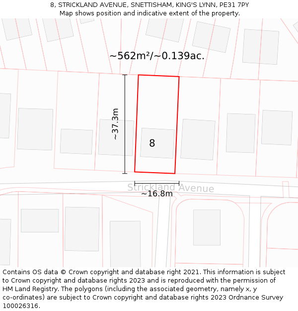 8, STRICKLAND AVENUE, SNETTISHAM, KING'S LYNN, PE31 7PY: Plot and title map