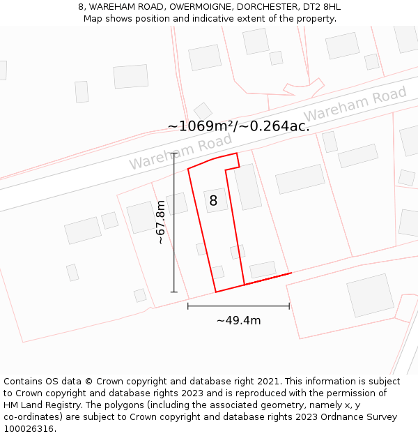 8, WAREHAM ROAD, OWERMOIGNE, DORCHESTER, DT2 8HL: Plot and title map