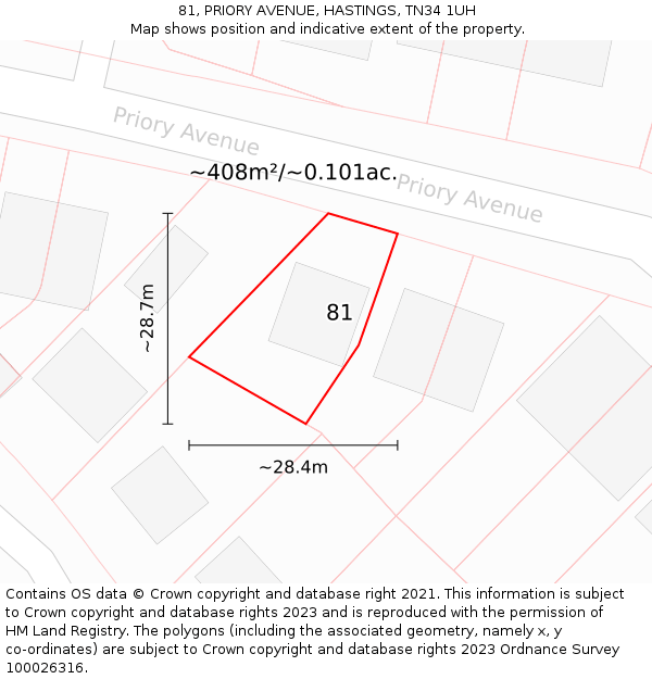 81, PRIORY AVENUE, HASTINGS, TN34 1UH: Plot and title map