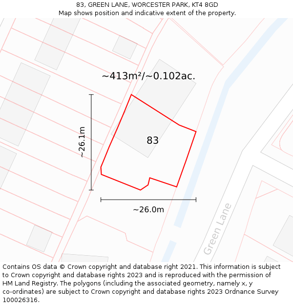 83, GREEN LANE, WORCESTER PARK, KT4 8GD: Plot and title map