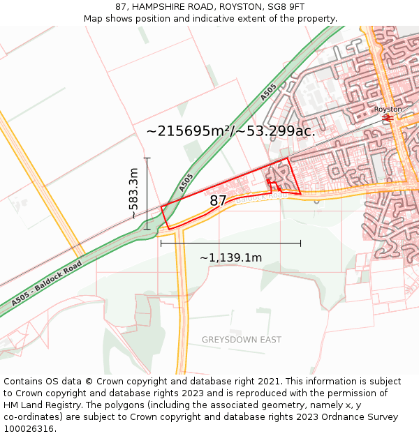 87, HAMPSHIRE ROAD, ROYSTON, SG8 9FT: Plot and title map