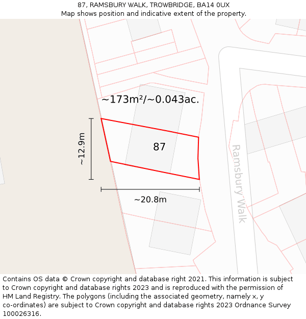 87, RAMSBURY WALK, TROWBRIDGE, BA14 0UX: Plot and title map