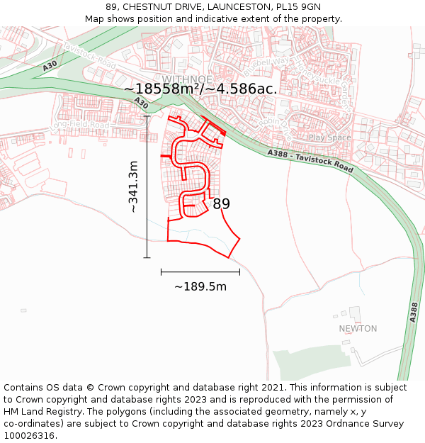 89, CHESTNUT DRIVE, LAUNCESTON, PL15 9GN: Plot and title map