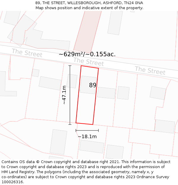 89, THE STREET, WILLESBOROUGH, ASHFORD, TN24 0NA: Plot and title map